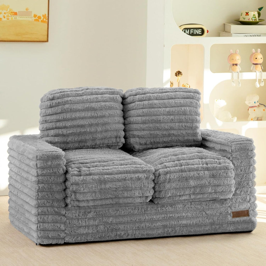 Grey Faux Fur Kids Bean Bag Sofa With Armrests