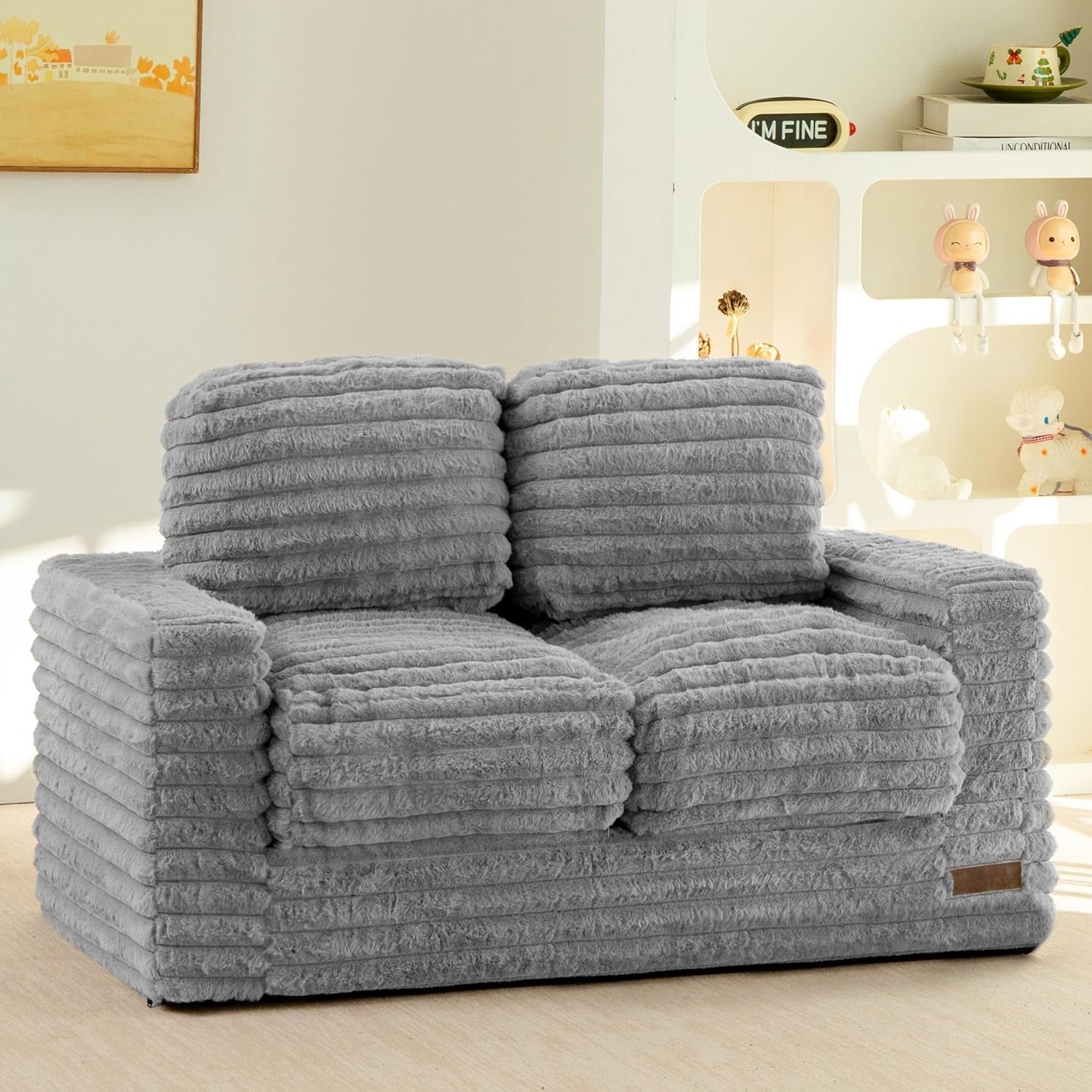 Grey Faux Fur Kids Bean Bag Sofa With Armrests