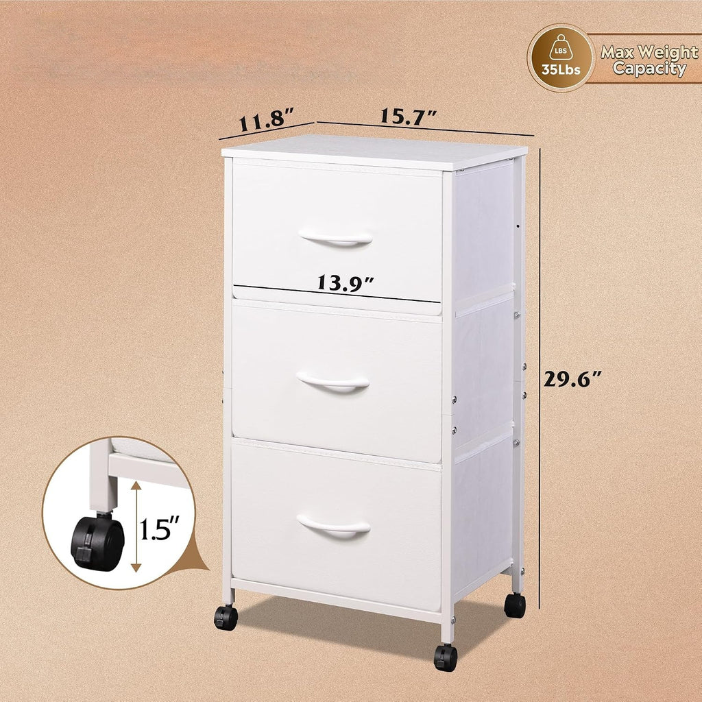 White 3 Drawer Rolling Fabric Dresser