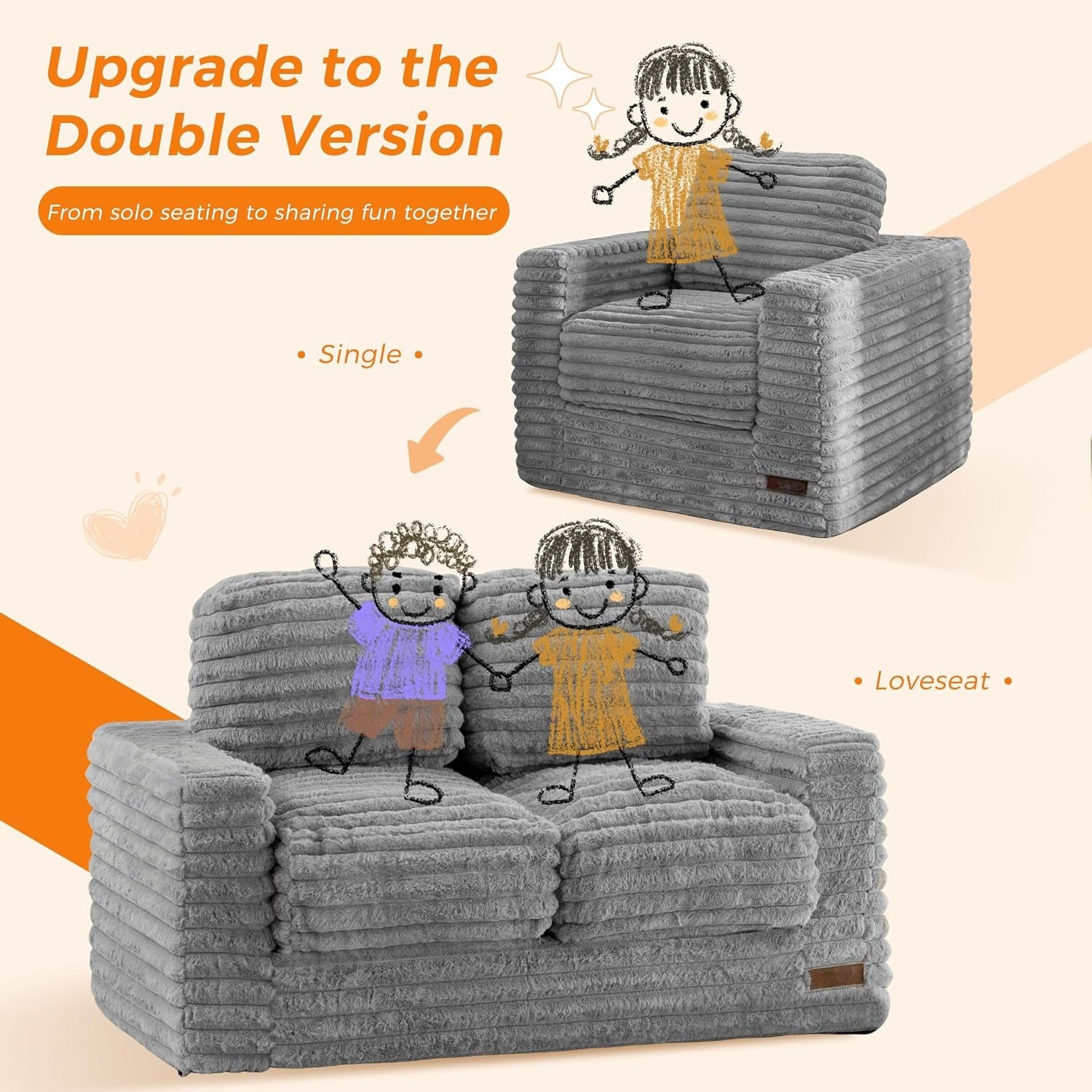 Grey Faux Fur Kids Bean Bag Sofa With Armrests