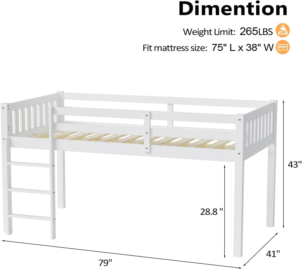 White Twin Low Kids Loft Bed With Guardrail & Ladder