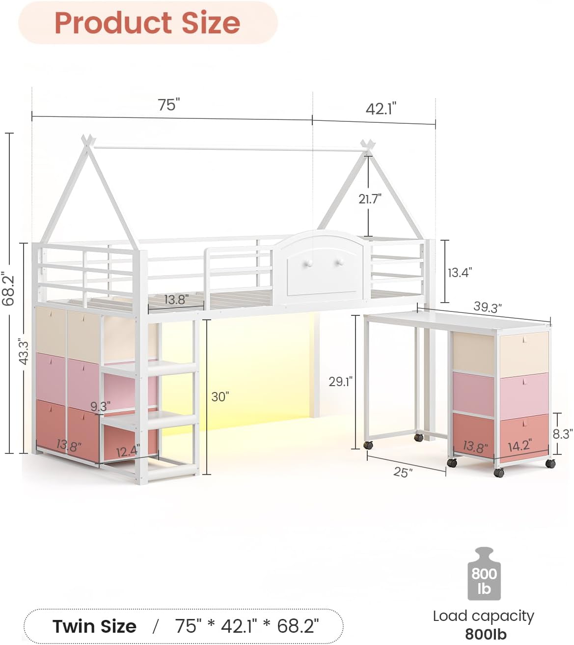 White Twin Loft Bed With Desk Storage & LED