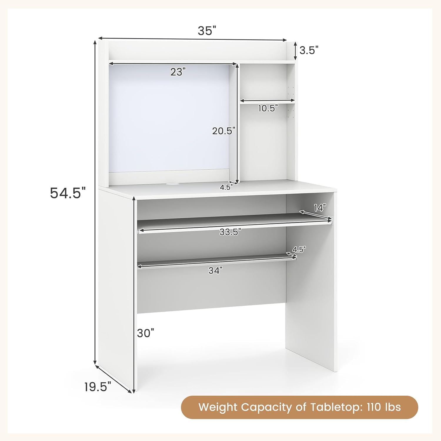 White Computer Desk With Hutch & Storage Shelves