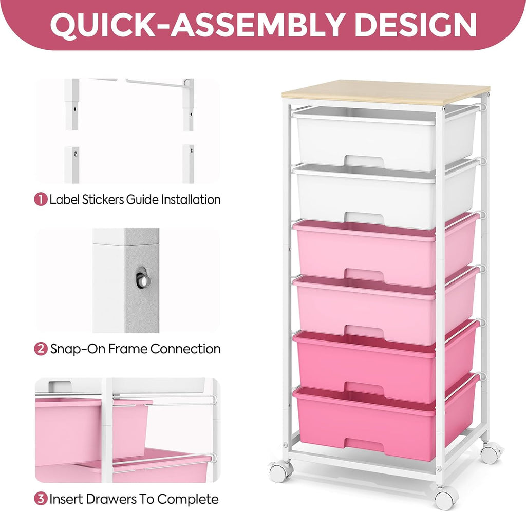 Pink 6 Drawer Craft Storage Cart