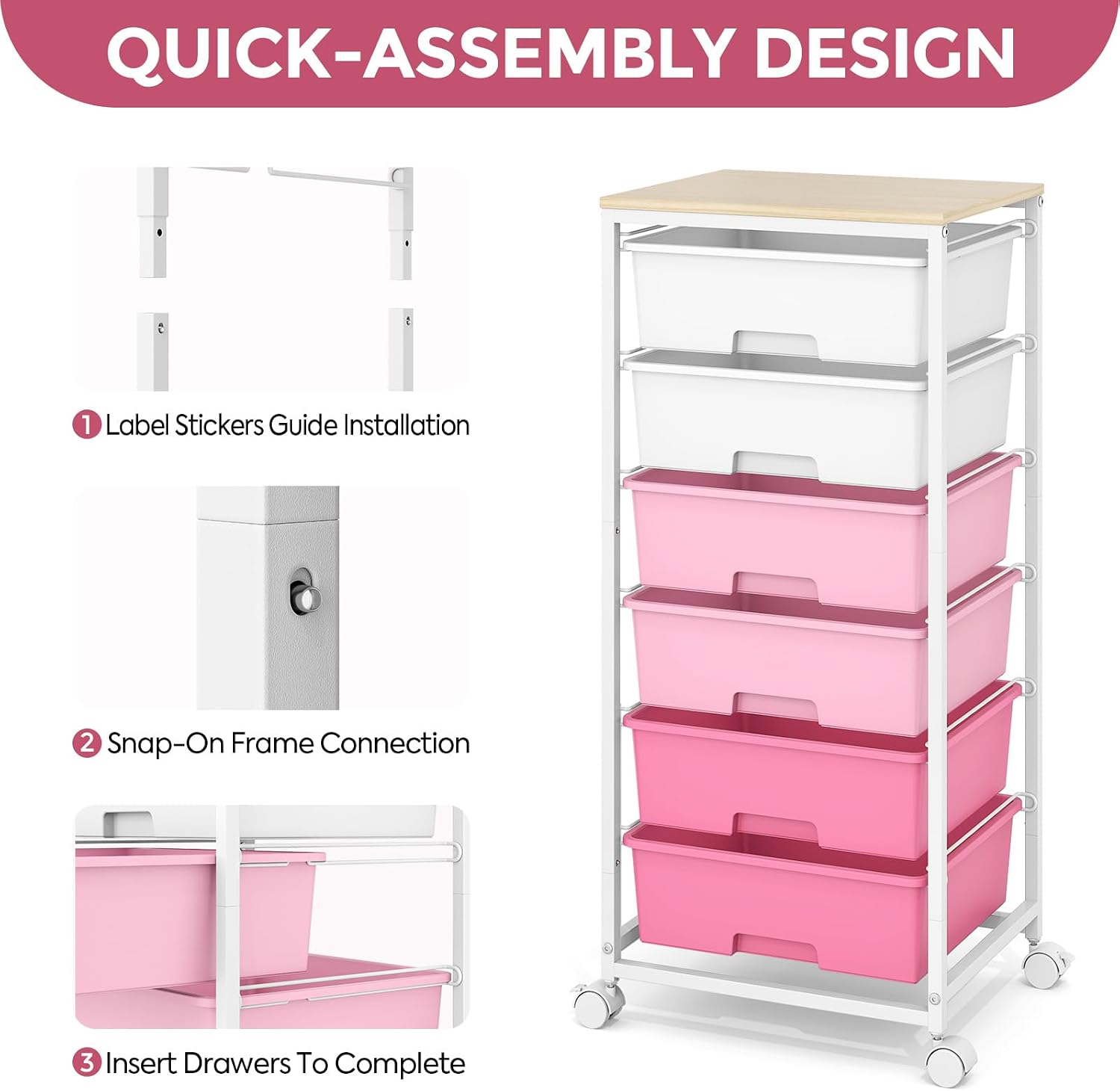 Pink 6 Drawer Craft Storage Cart