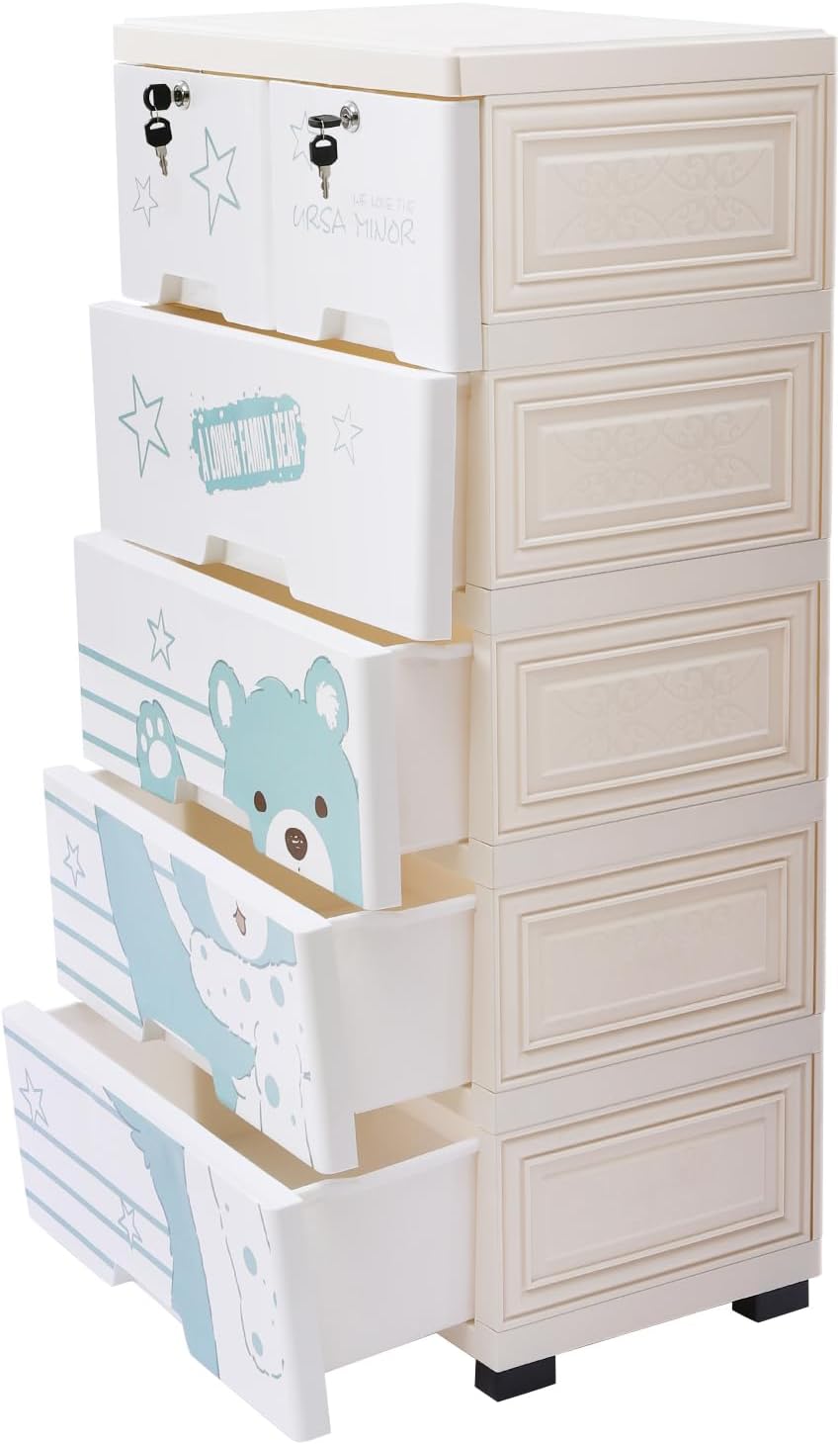 6 Drawer Rolling Kids Plastic Storage Cabinet White Blue