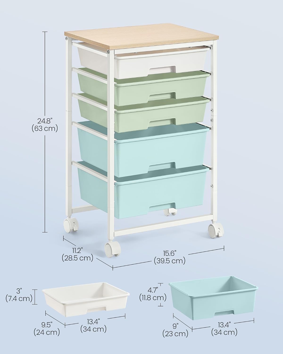 Green White 5 Drawer Rolling Storage Cart