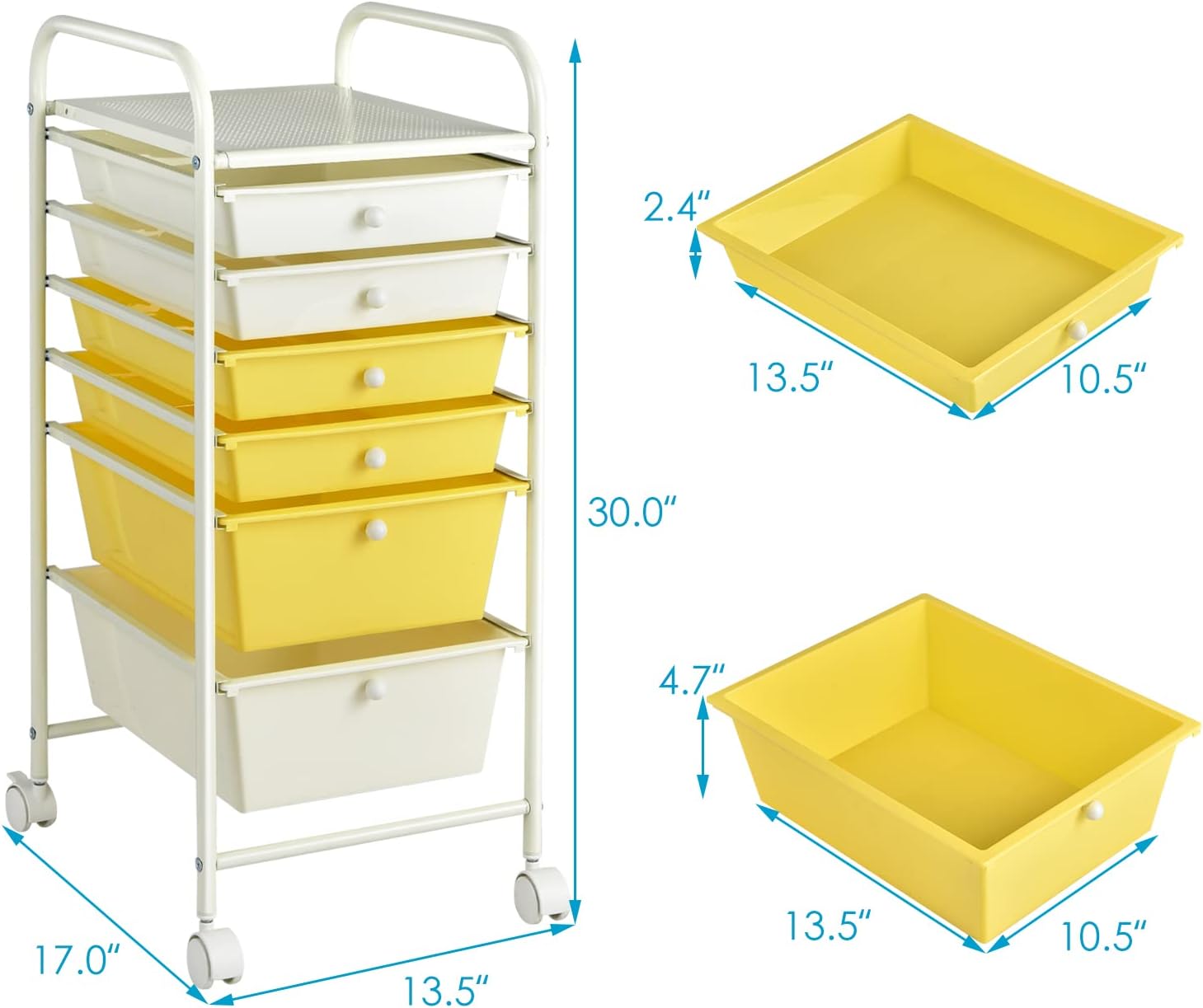 Beige Yellow 6 Drawer Rolling Storage Cart