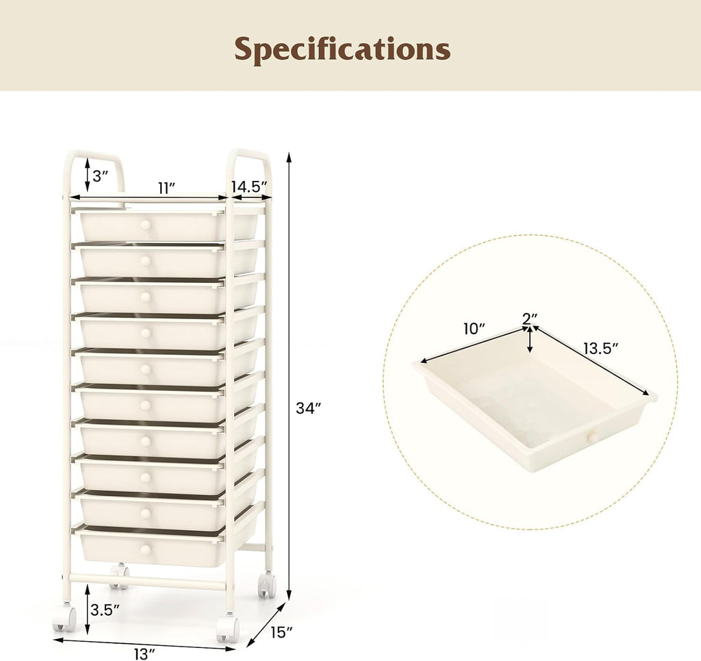 Ivory 10 Drawer Rolling Storage Cart