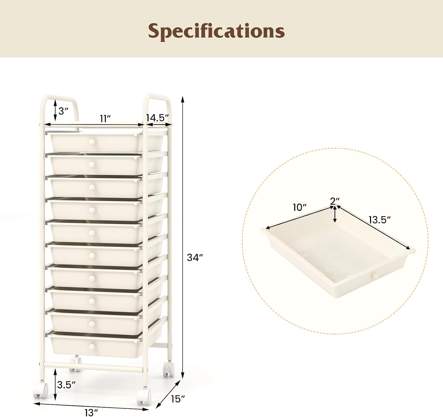 Ivory 10 Drawer Rolling Storage Cart