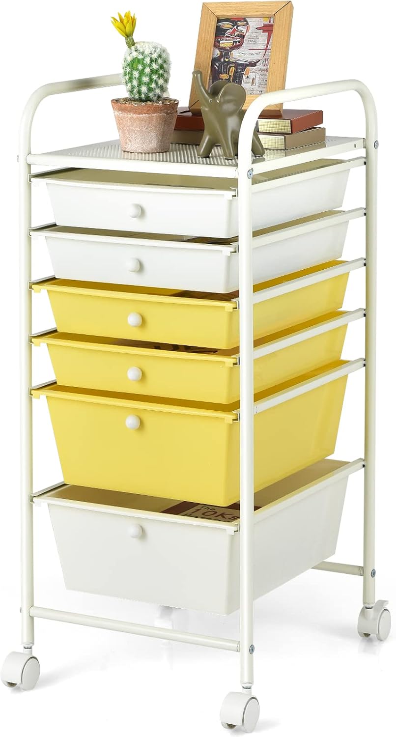 Beige Yellow 6 Drawer Rolling Storage Cart