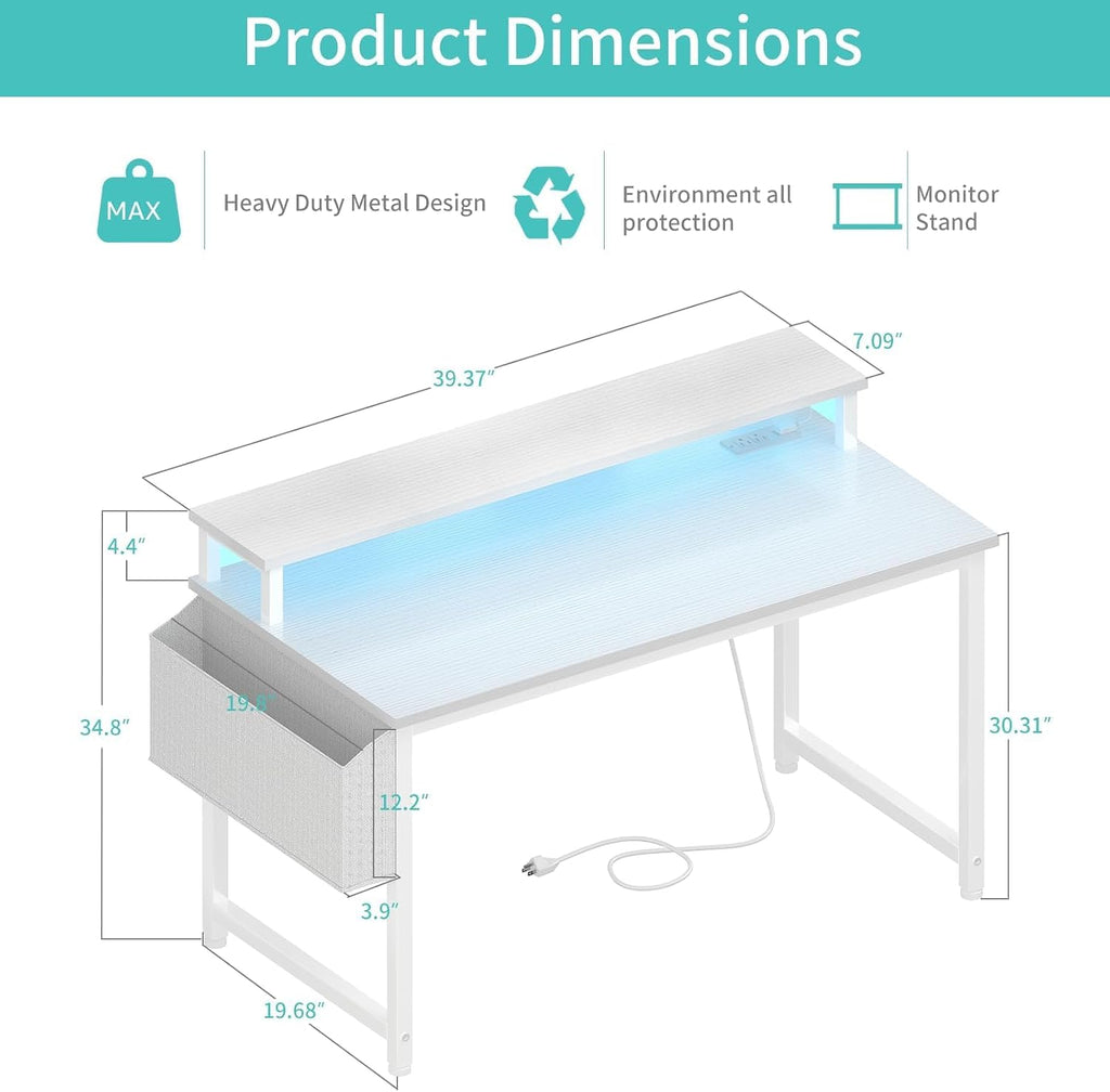 40" White Gaming Desk with LED & Power Outlets