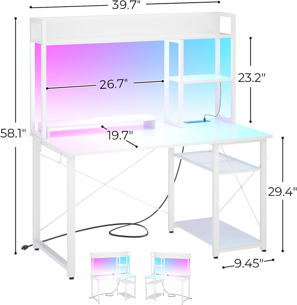 39" White Gaming Desk With Hutch & LED Lights