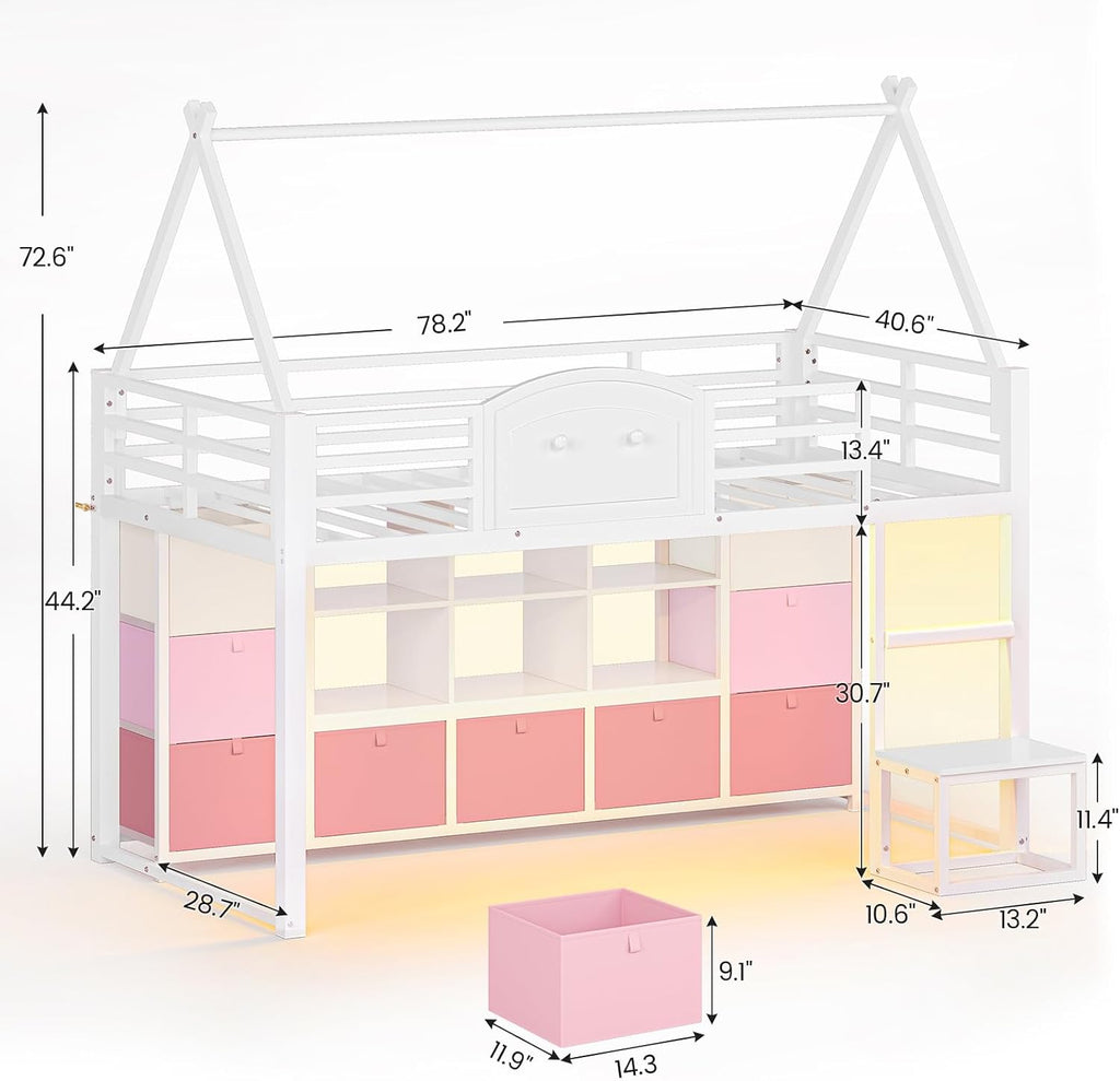 White Twin House Loft Bed With Storage & Lights