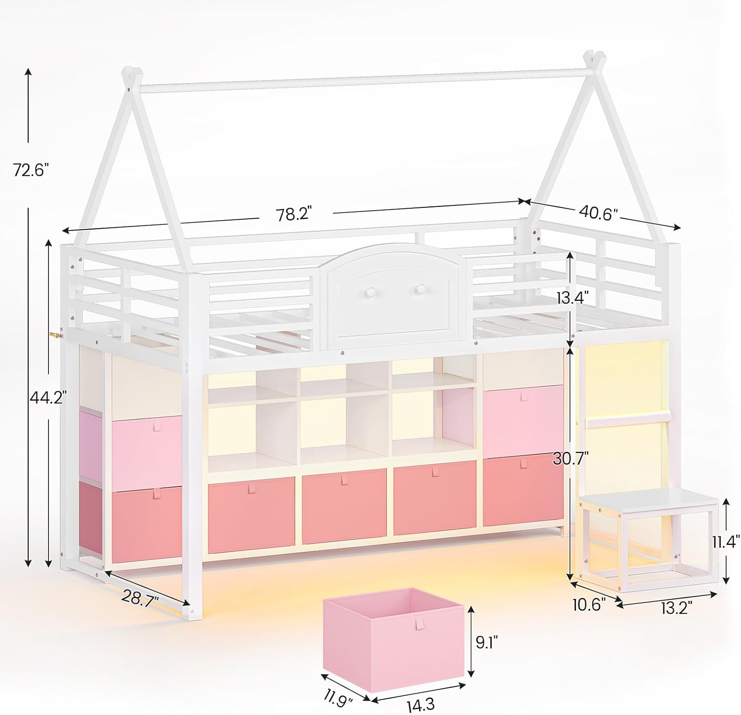 White Twin House Loft Bed With Storage & Lights