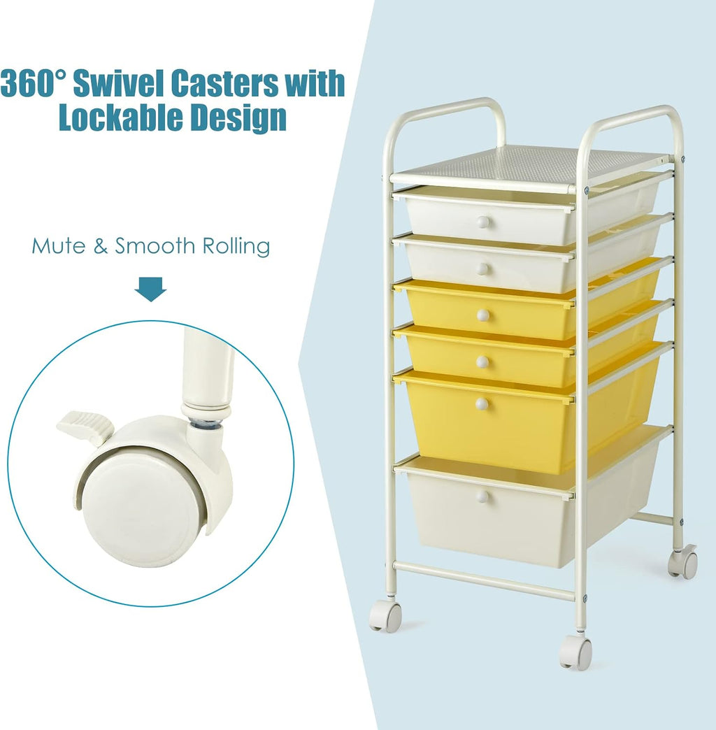 Beige Yellow 6 Drawer Rolling Storage Cart