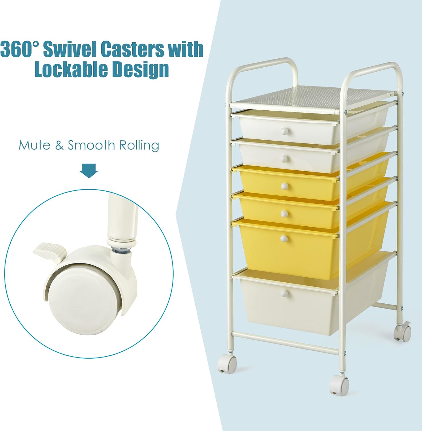 Beige Yellow 6 Drawer Rolling Storage Cart