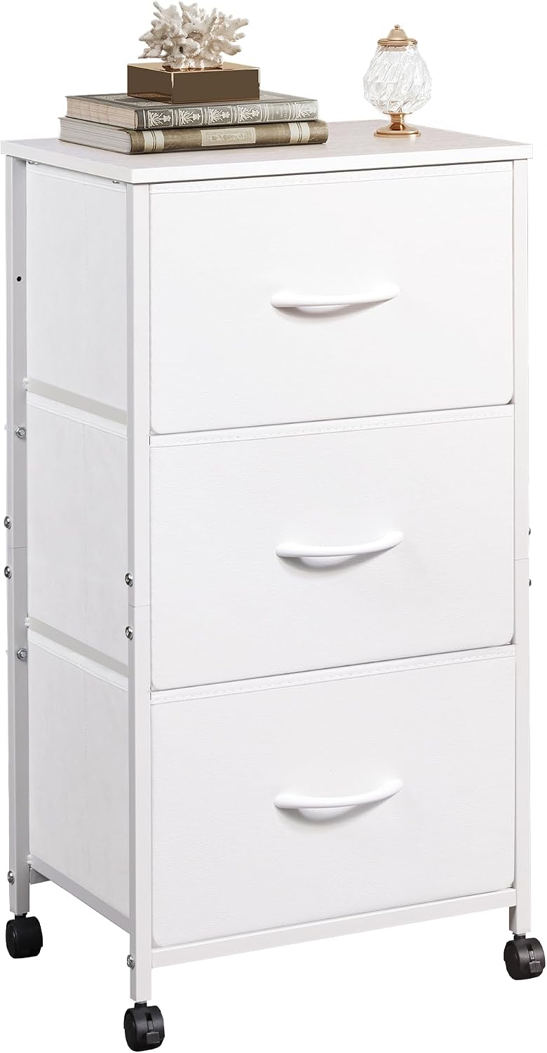 White 3 Drawer Rolling Fabric Dresser