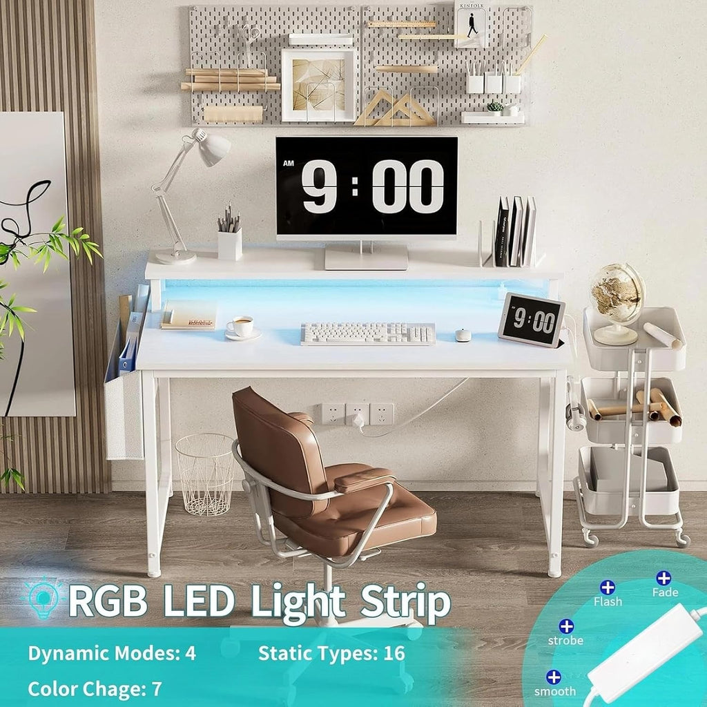 40" White Gaming Desk with LED & Power Outlets