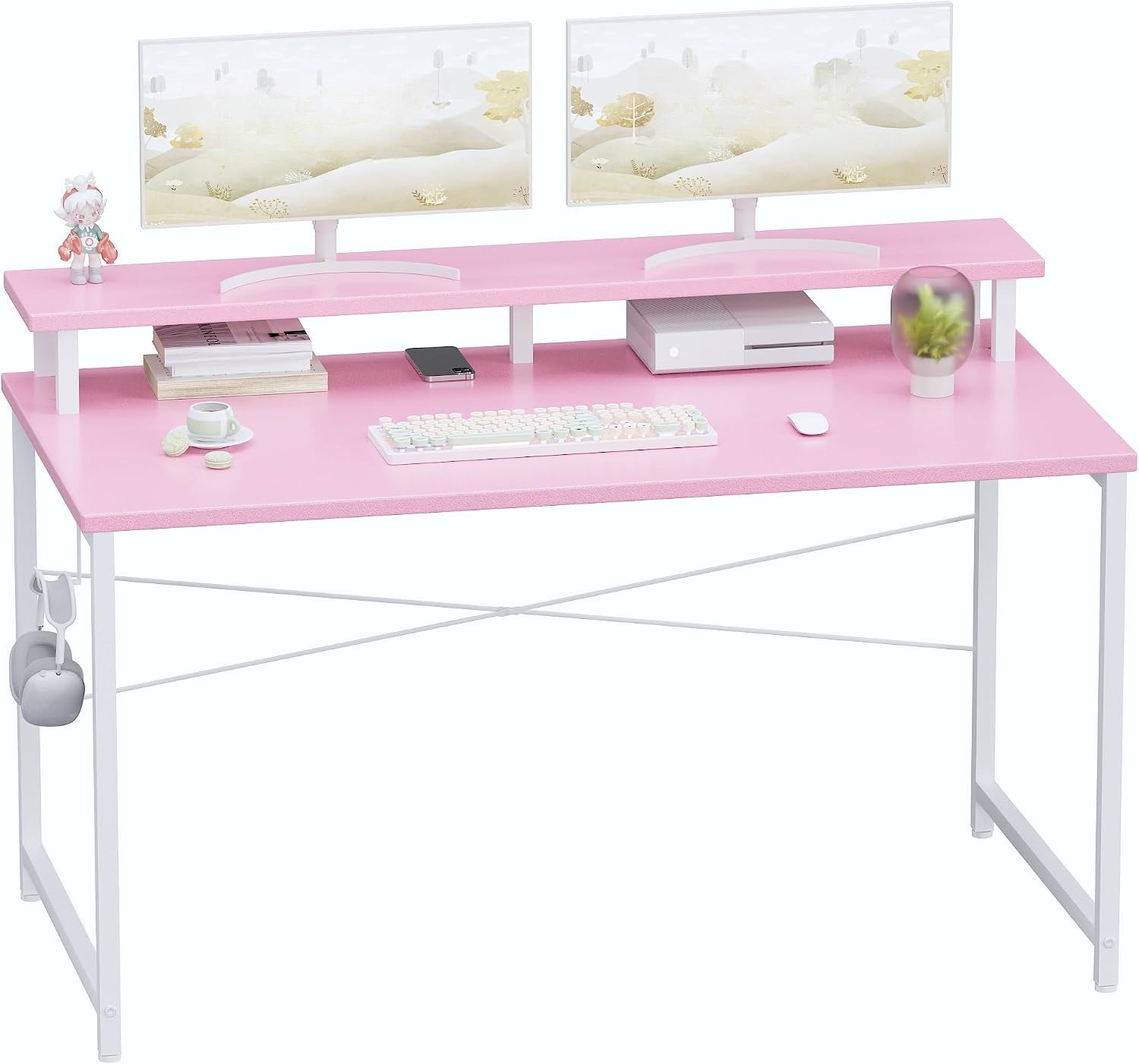 32" Pink Desk With Monitor Stand & Headphone Hook