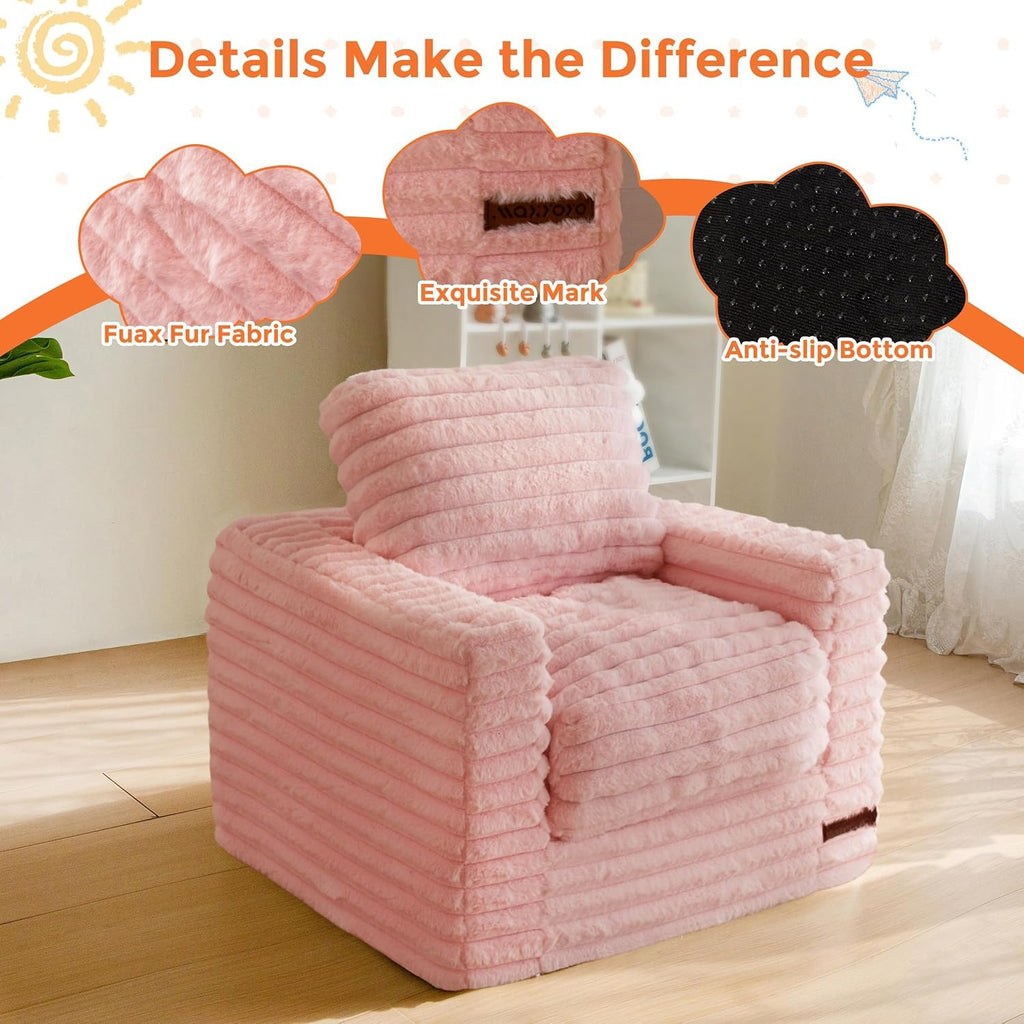 Pink Faux Fur Kids Bean Bag Sofa With Armrests