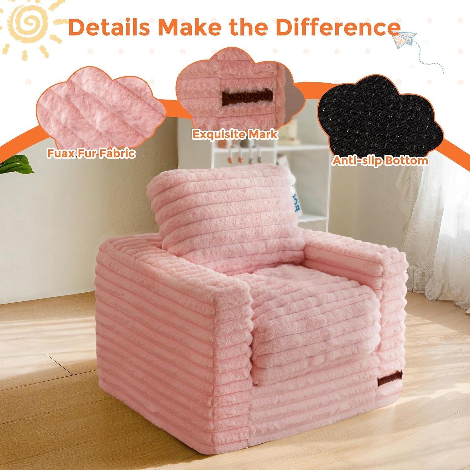 Pink Faux Fur Kids Bean Bag Sofa With Armrests