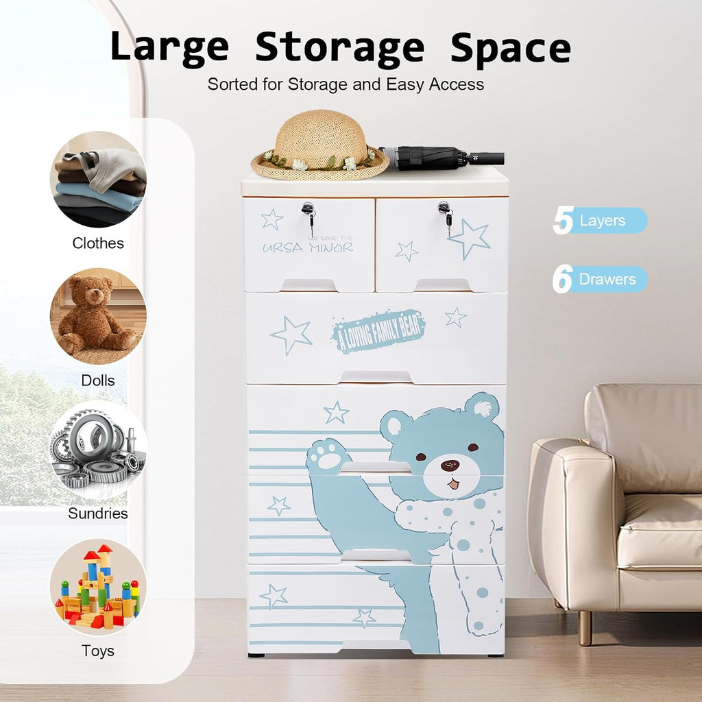 6 Drawer Rolling Kids Plastic Storage Cabinet White Blue