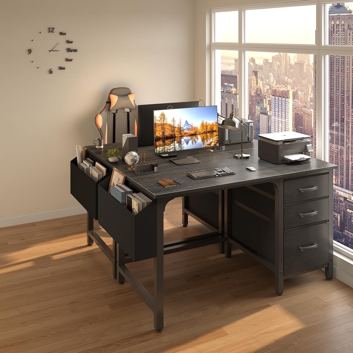 47" Black Reversible Computer Desk With File Cabinet