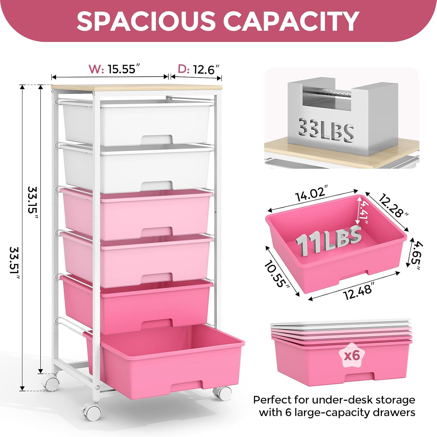Pink 6 Drawer Craft Storage Cart