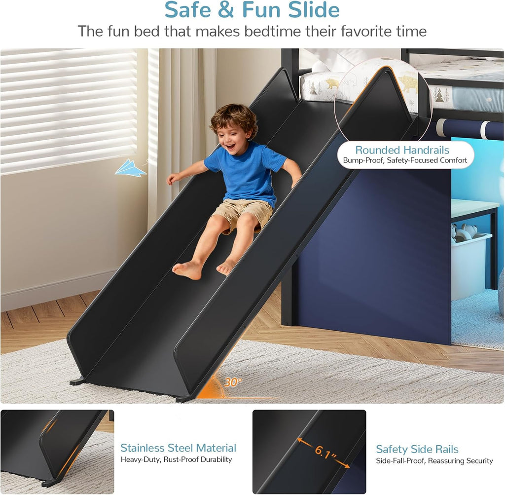 Black Blue Twin Loft Bed With Slide & Desk