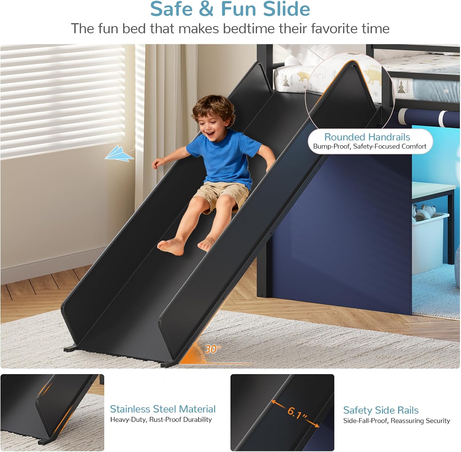 Black Blue Twin Loft Bed With Slide & Desk