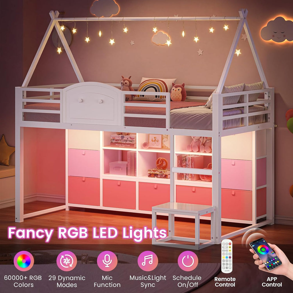 White Twin House Loft Bed With Storage & Lights