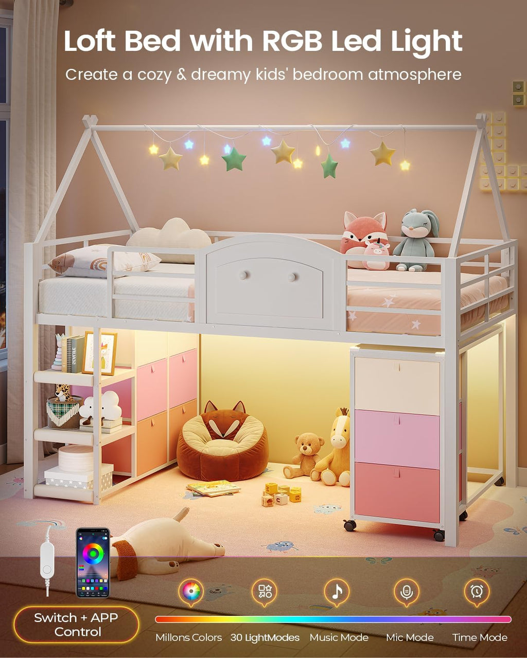 White Twin Loft Bed With Desk Storage & LED