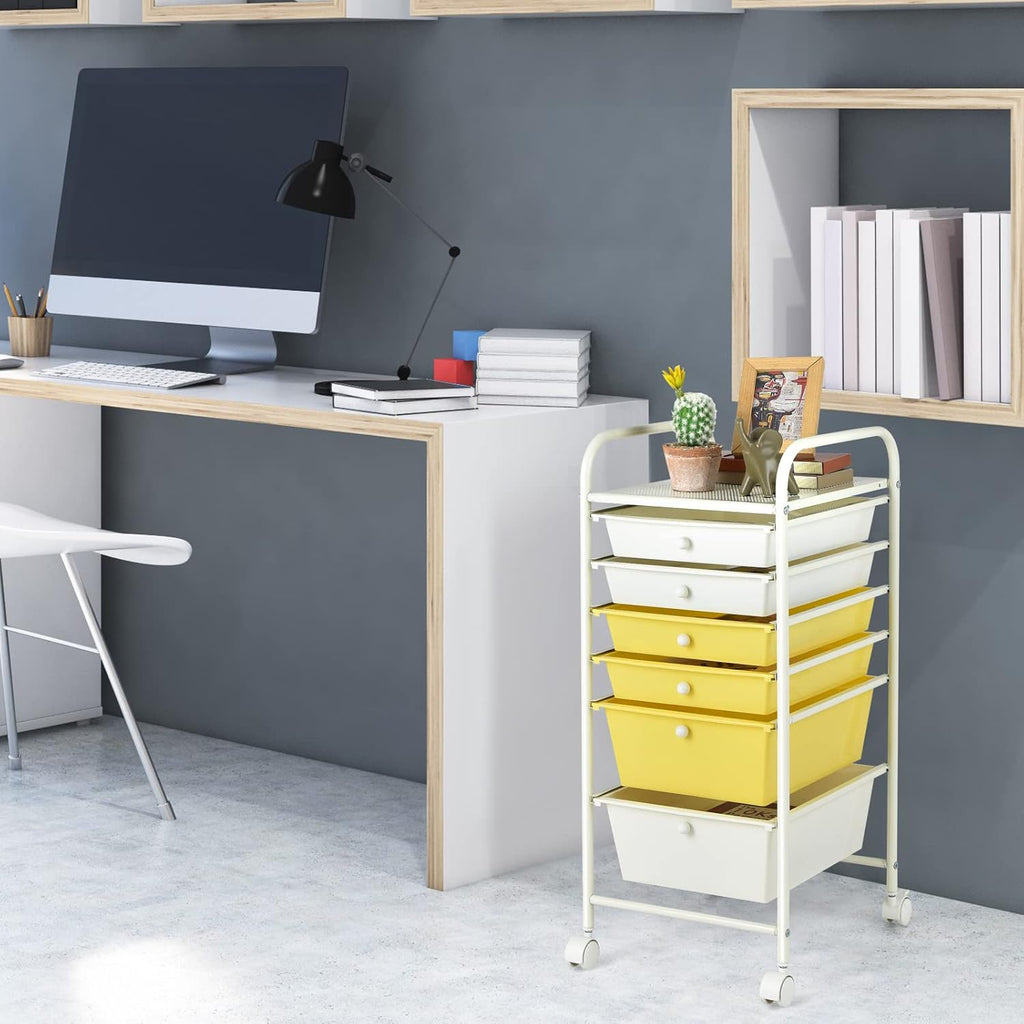 Beige Yellow 6 Drawer Rolling Storage Cart