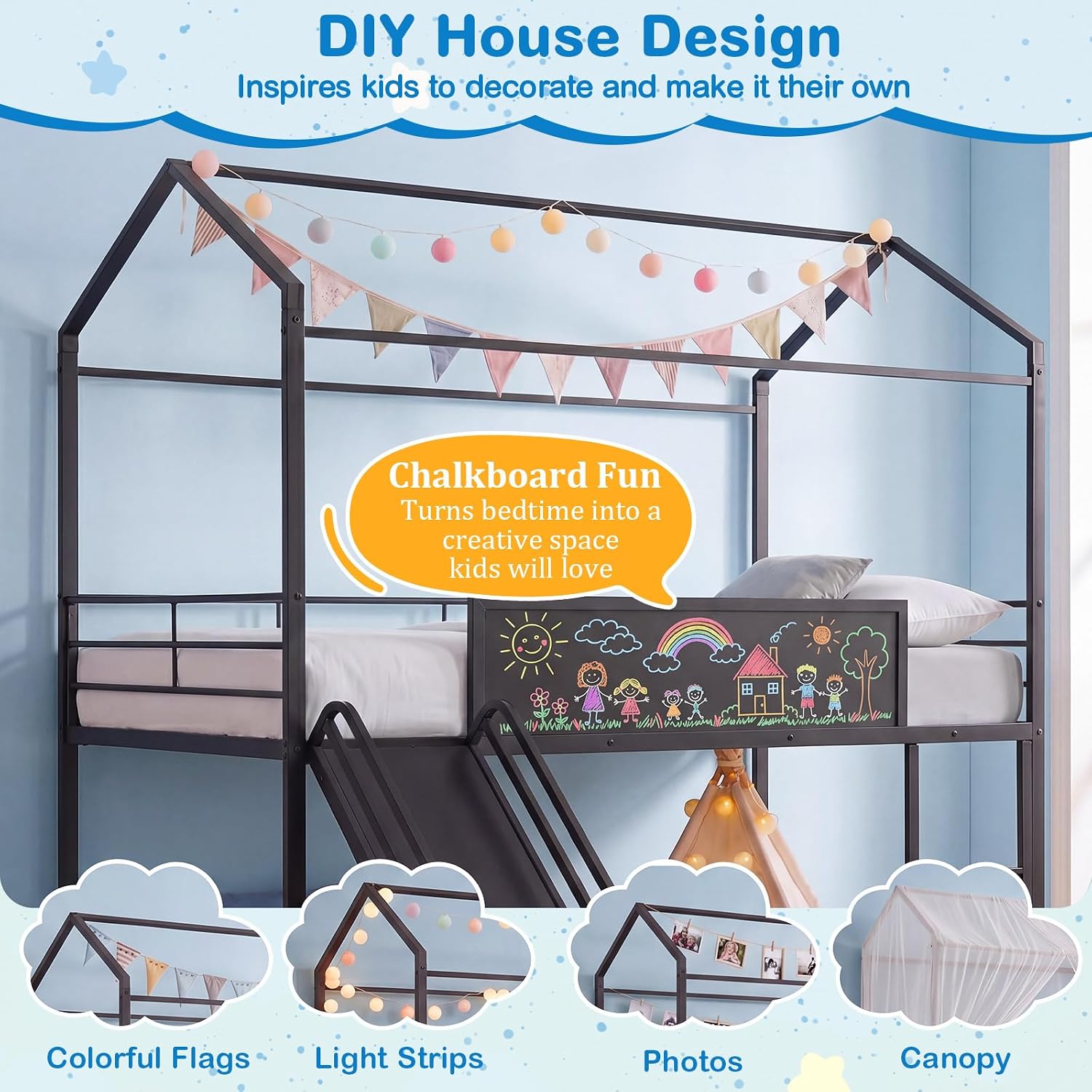 Black Twin House Low Loft Bed With Slide & Chalkboard