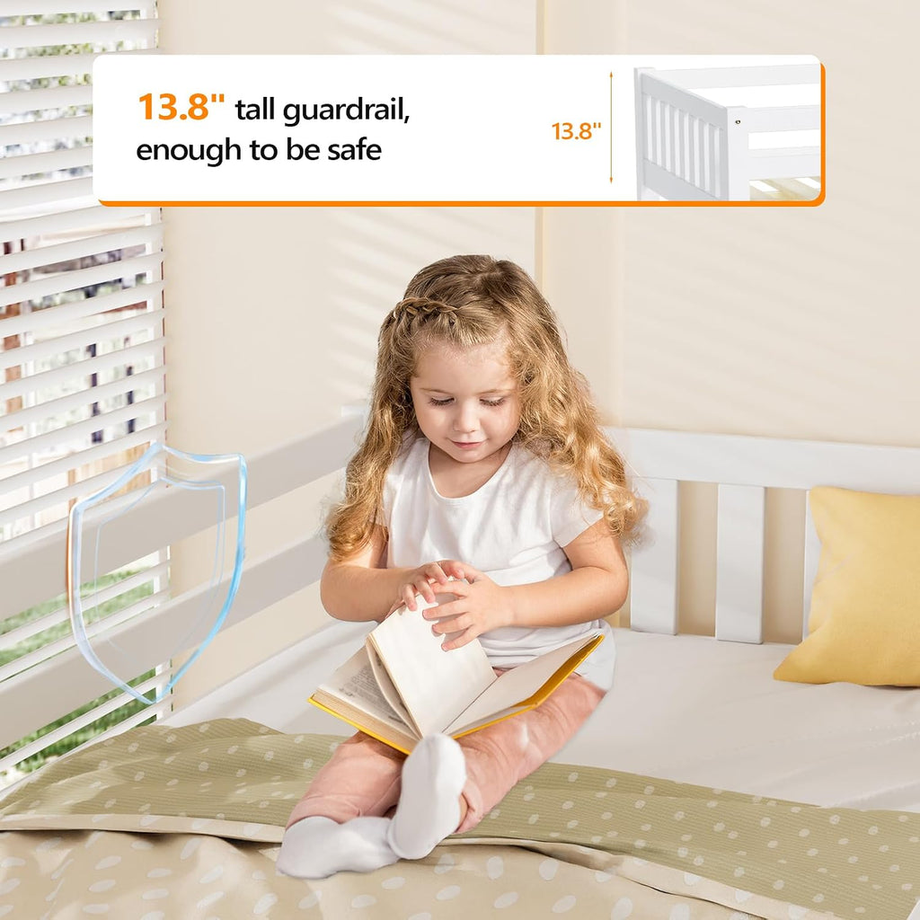 White Twin Low Kids Loft Bed With Guardrail & Ladder