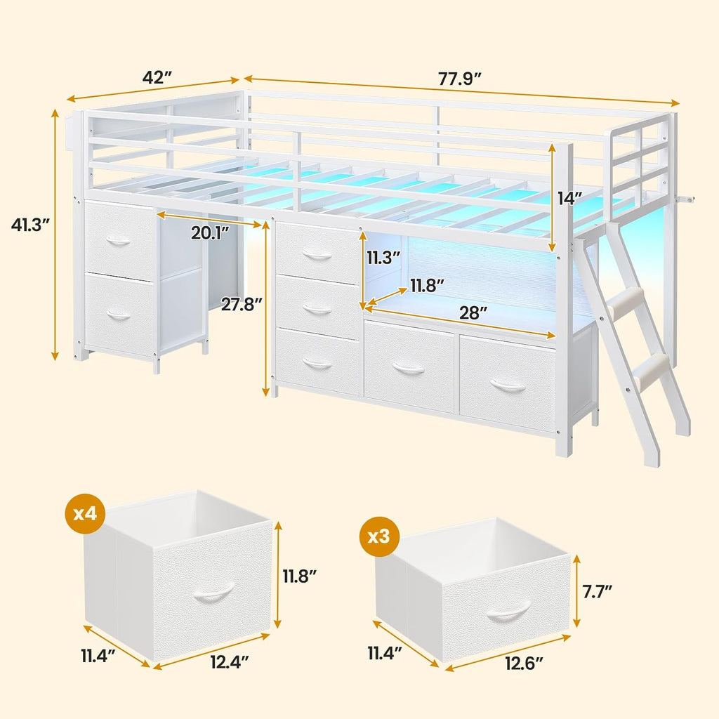 White Twin Low Loft Bed With Storage & Lights