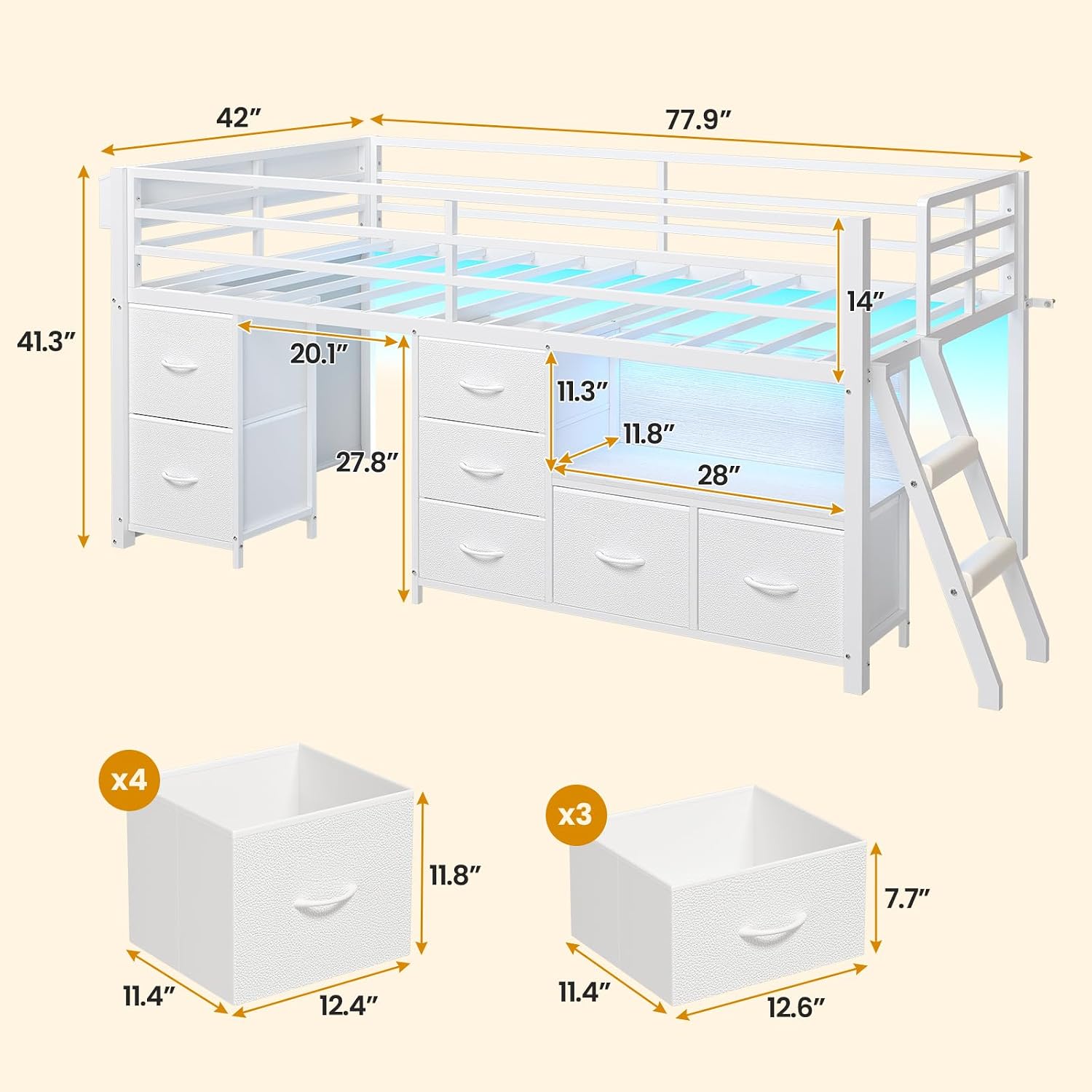 White Twin Low Loft Bed With Storage & Lights