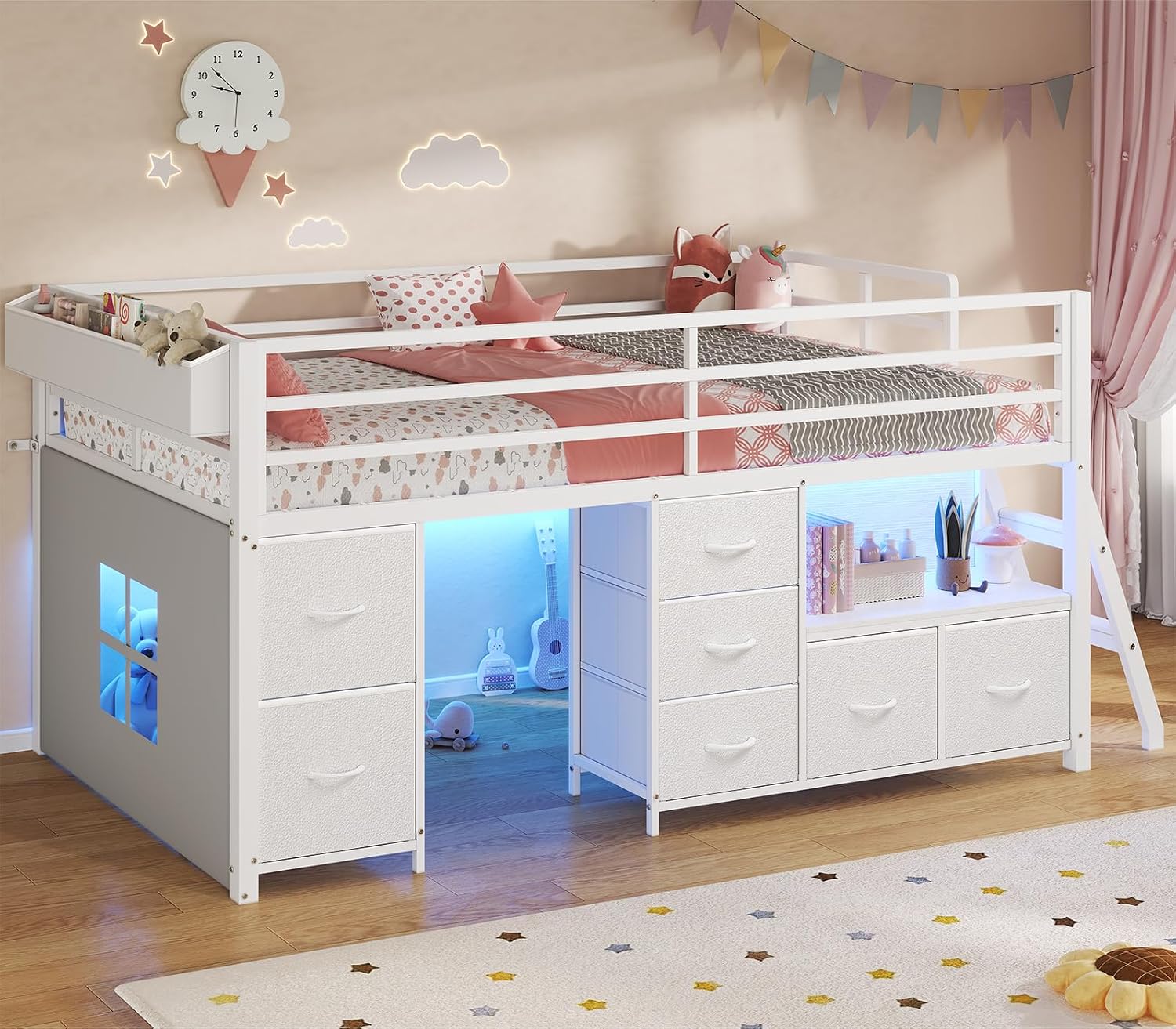 White Twin Low Loft Bed With Storage & Lights