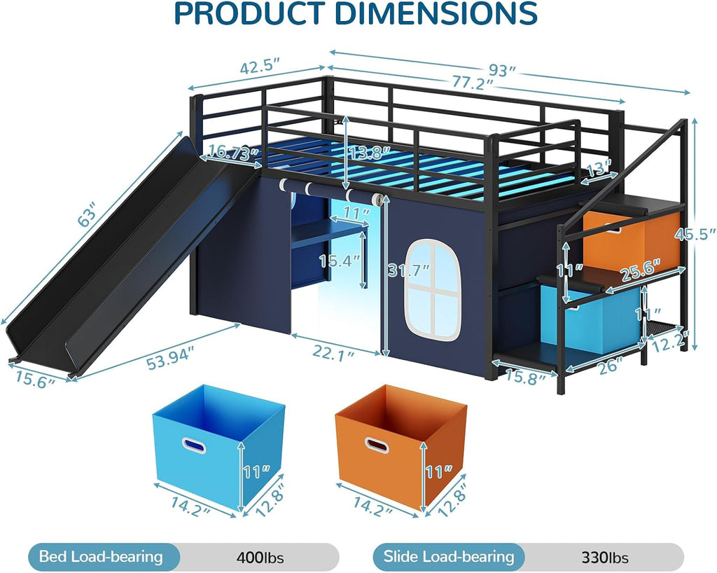 Black Blue Twin Loft Bed With Slide & Desk