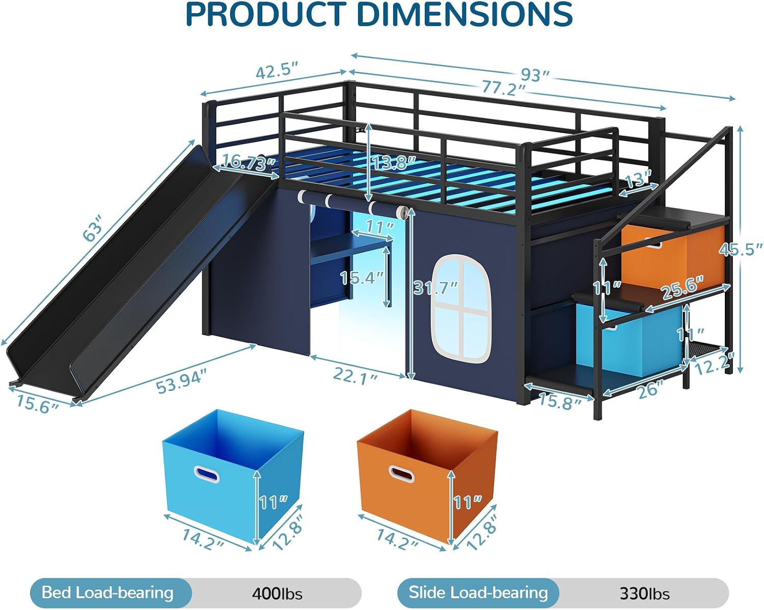 Black Blue Twin Loft Bed With Slide & Desk