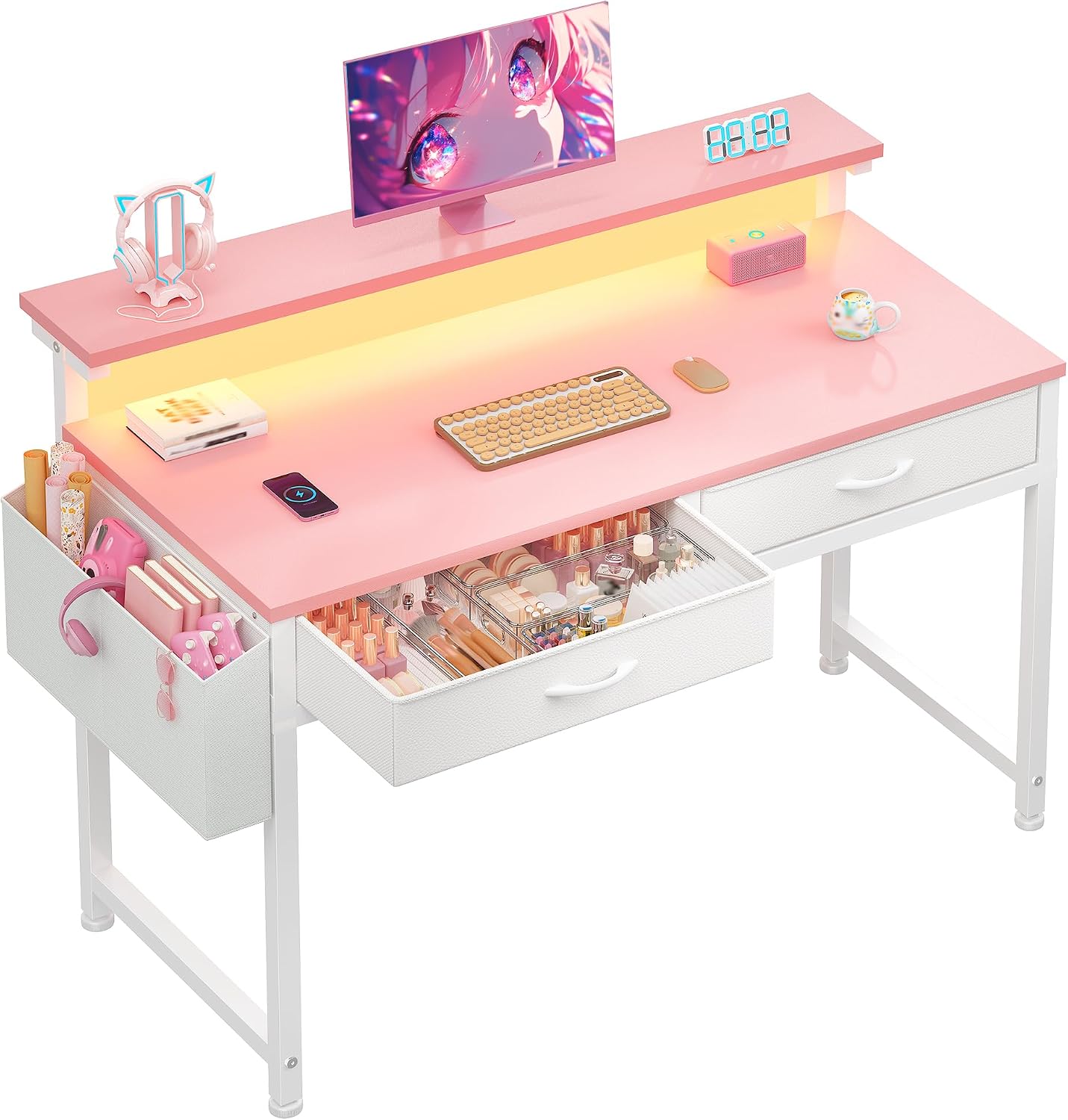 31" Pink Gaming Desk with LED & 2 Fabric Drawers