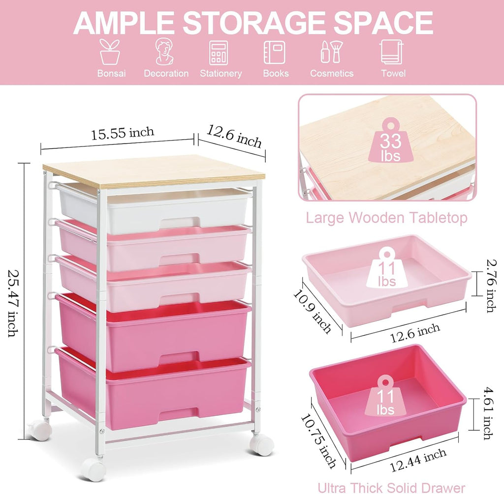 Rose Pink 5 Drawer Craft Storage Cart
