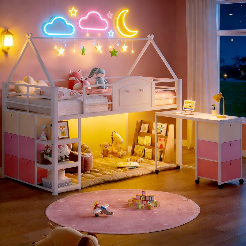 White Twin Loft Bed With Desk Storage & LED