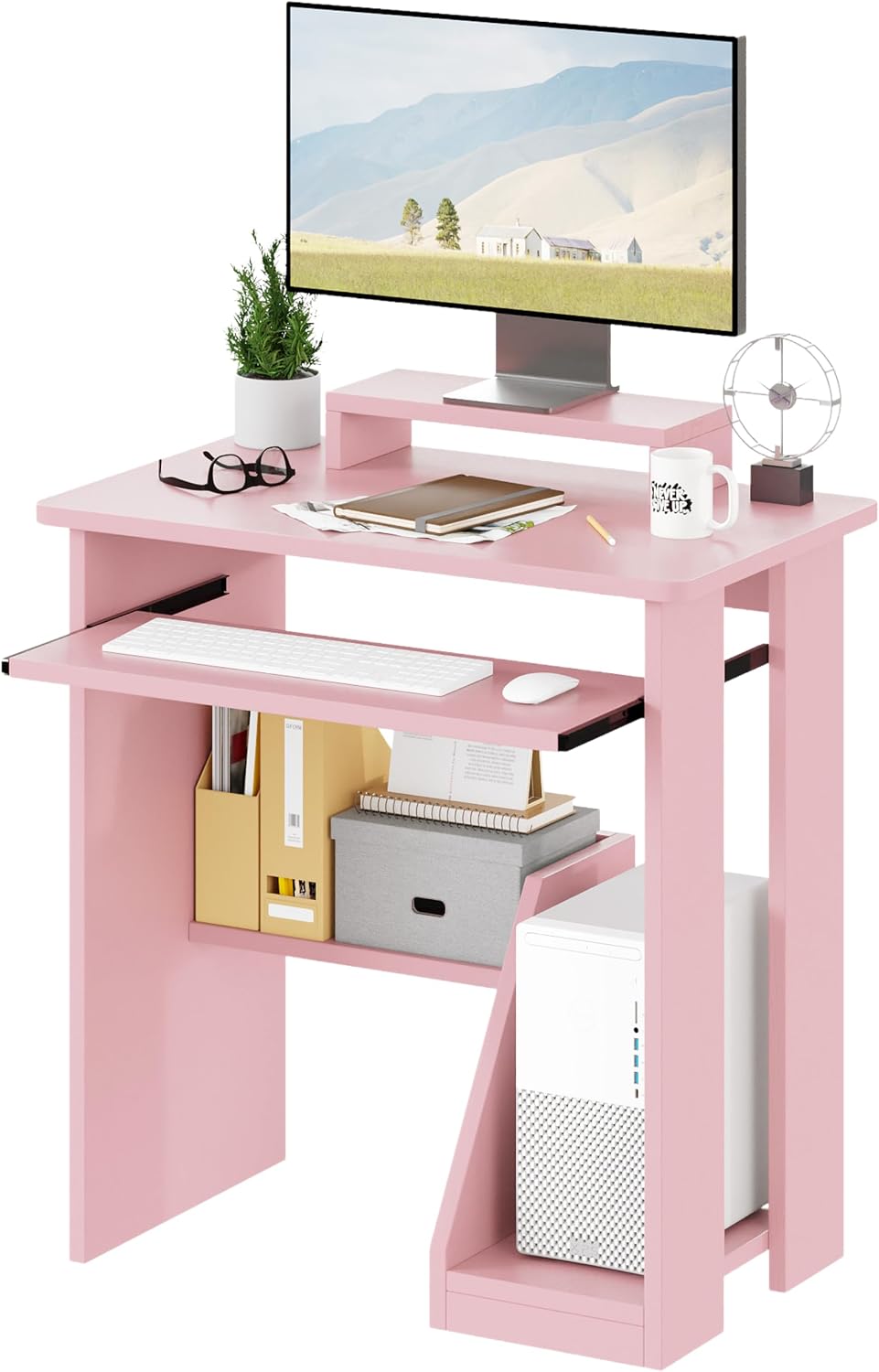 30" Pink Desk With Keyboard Tray & Monitor Stand