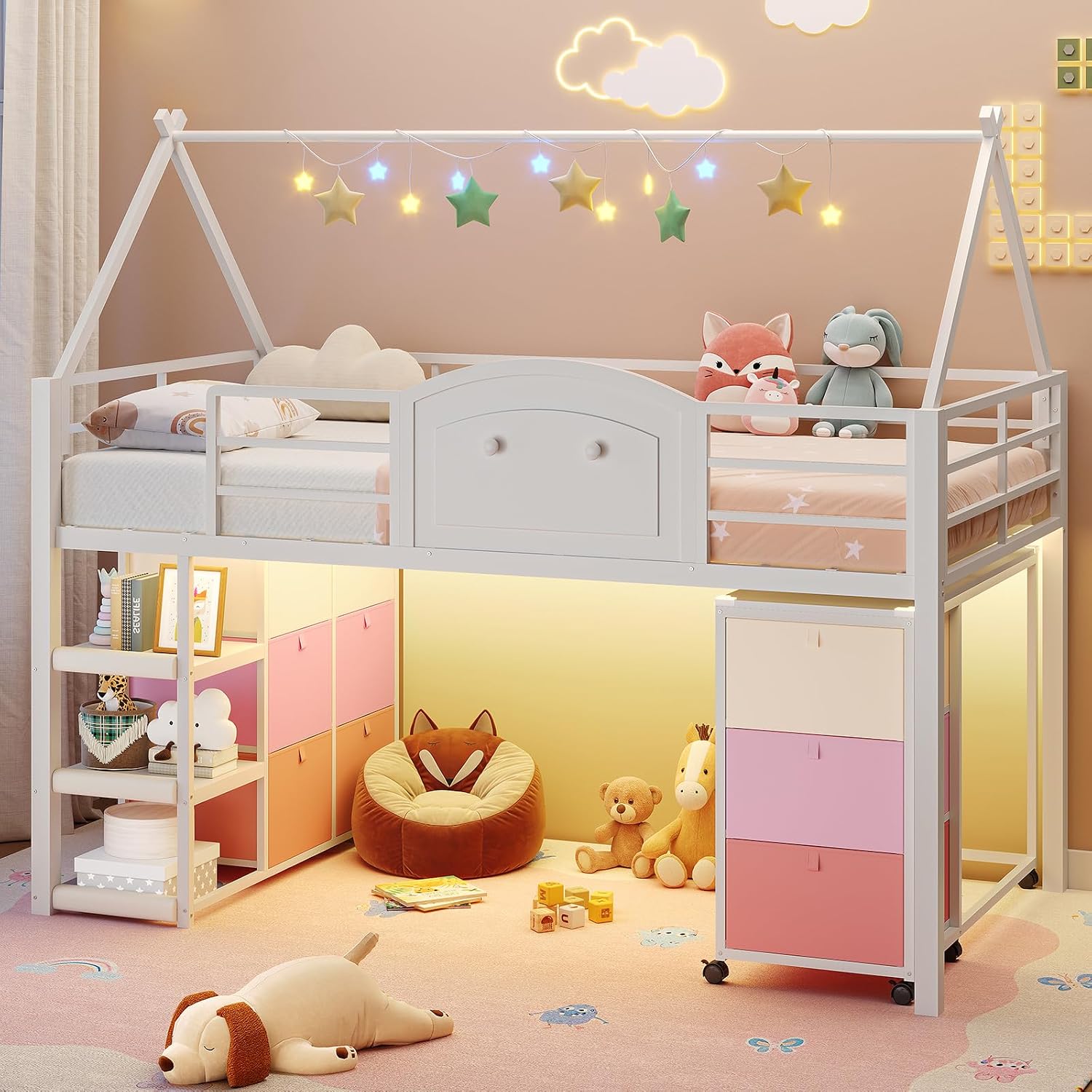 White Twin Loft Bed With Desk Storage & LED