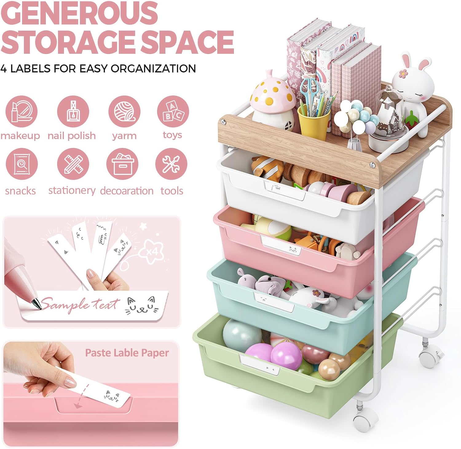 Colorful 4 Drawer Kids Craft Storage Cart