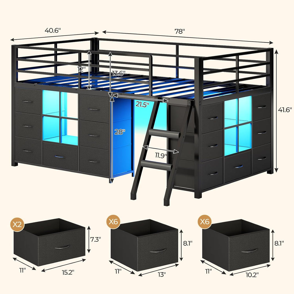 Black Twin Metal Low Loft Bed With Drawers & RGB Lights