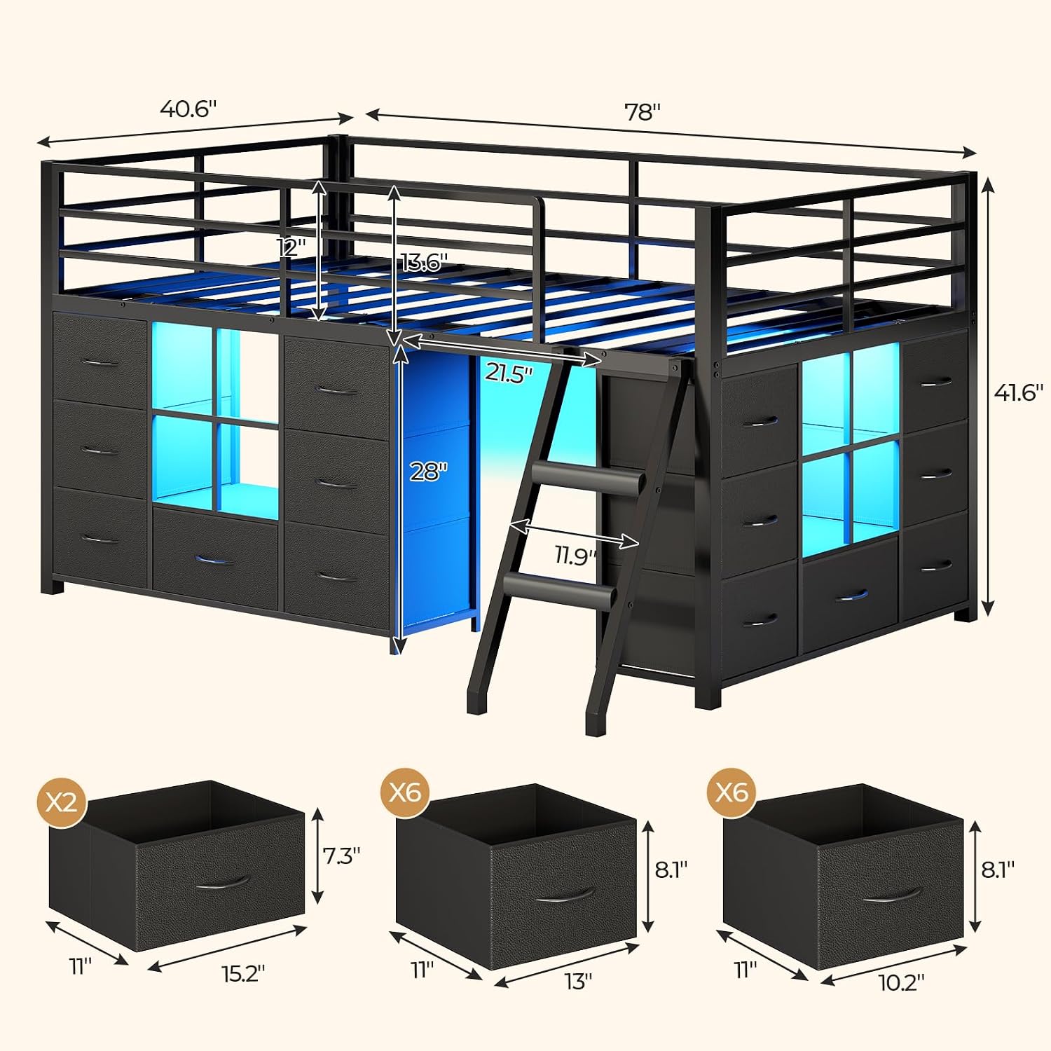 Black Twin Metal Low Loft Bed With Drawers & RGB Lights