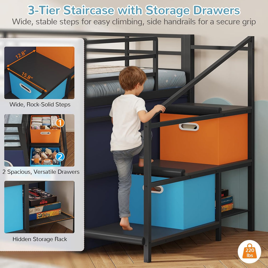 Black Blue Twin Loft Bed With Slide & Desk